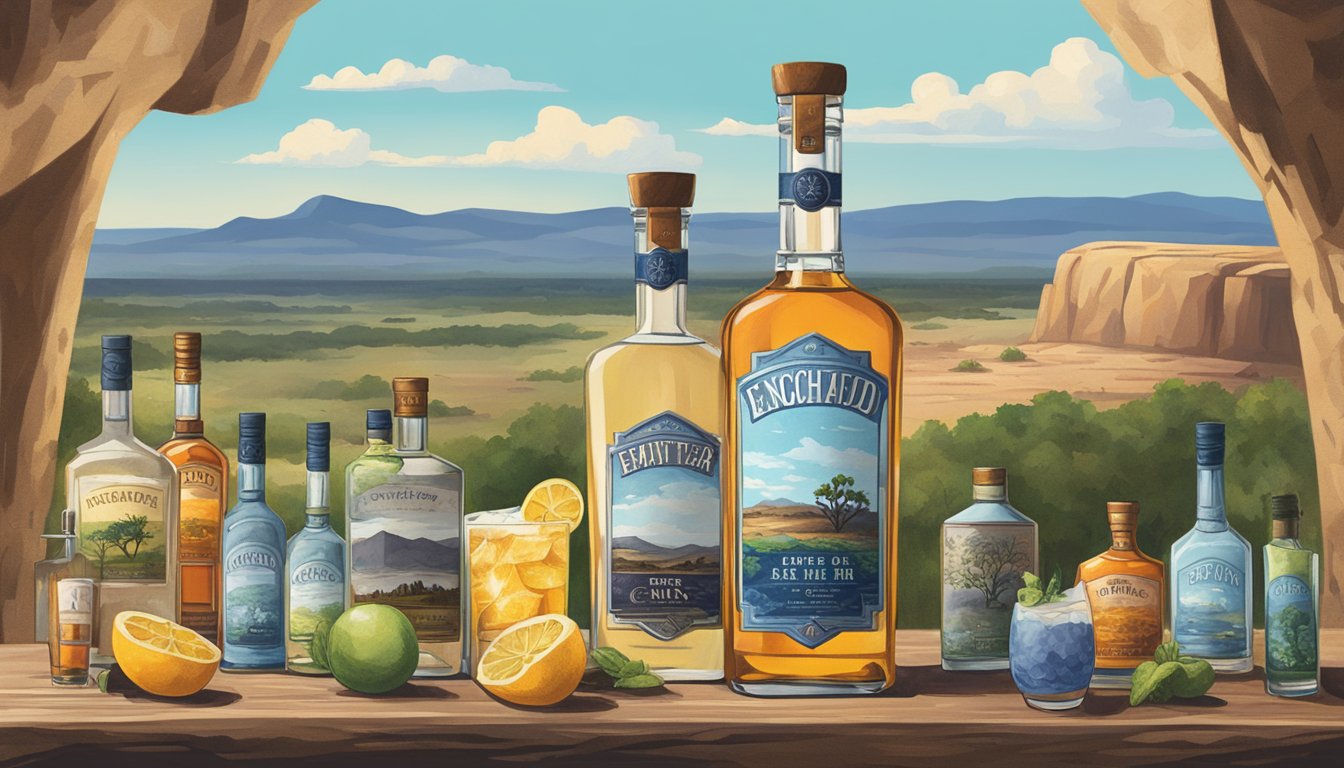 A rustic Texan scene with a bottle of Enchanted Rock Gin surrounded by eight other lone star gins, all set against a backdrop of the Texas landscape