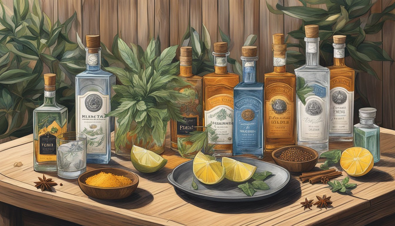 A rustic wooden table adorned with various botanicals and spices, alongside a collection of Lone Star gins in elegant bottles