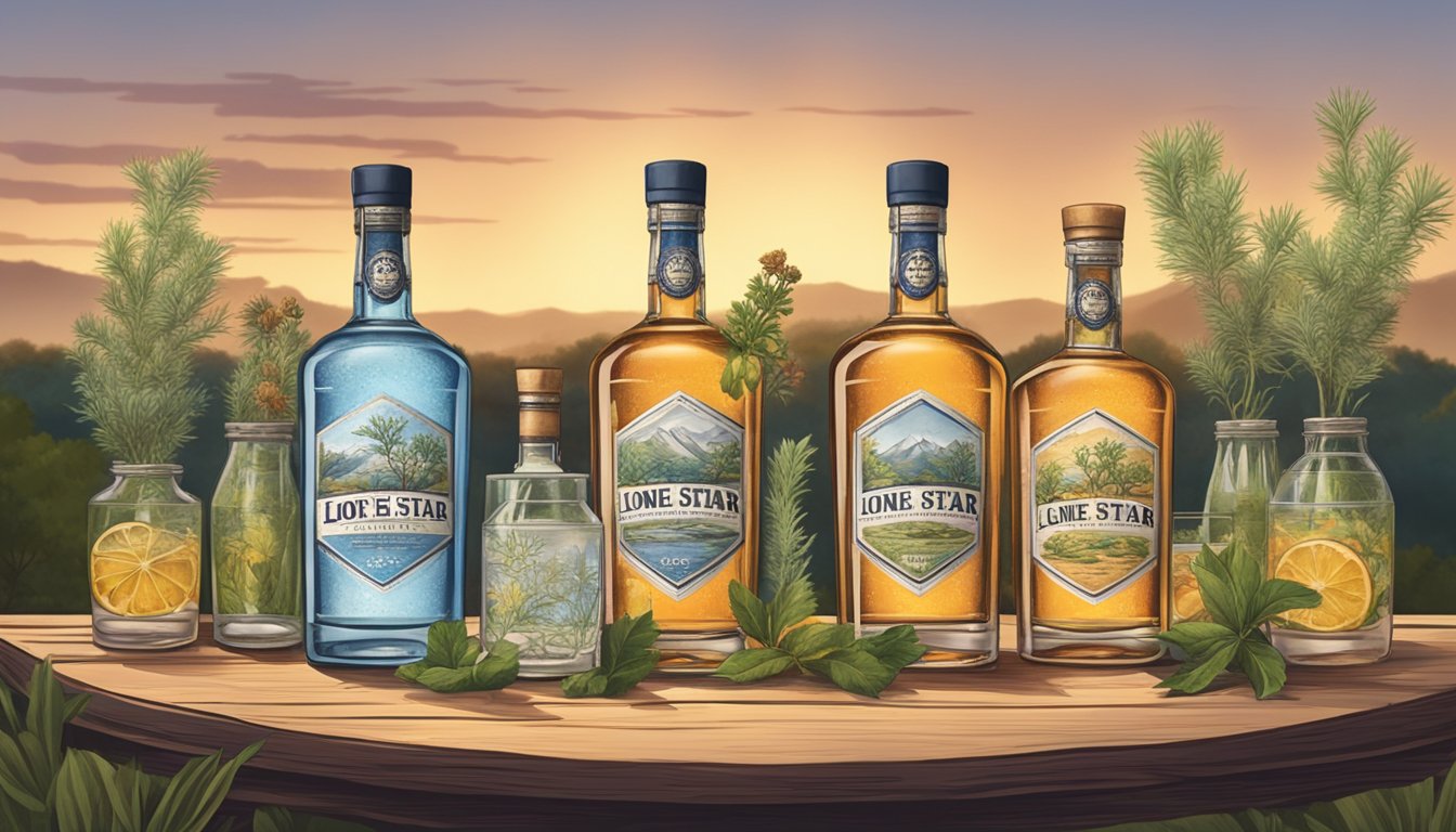 A rustic Texan landscape with 8 bottles of Lone Star gin arranged on a wooden table, surrounded by native flora and fauna