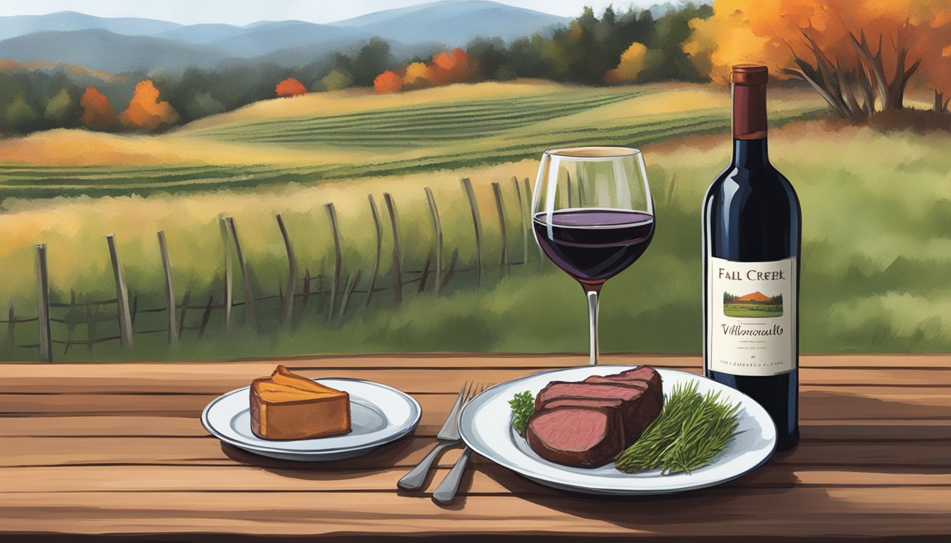 A rustic wooden table set with a bottle of Fall Creek Vineyards Tempranillo, a plate of grass-fed beef, and a glass of red wine