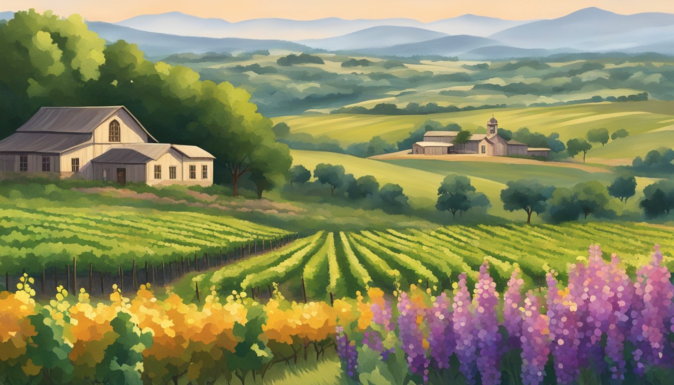 Vineyard landscape with rolling hills, rows of grapevines, and a rustic winery building surrounded by wildflowers and Texas Hill Country scenery