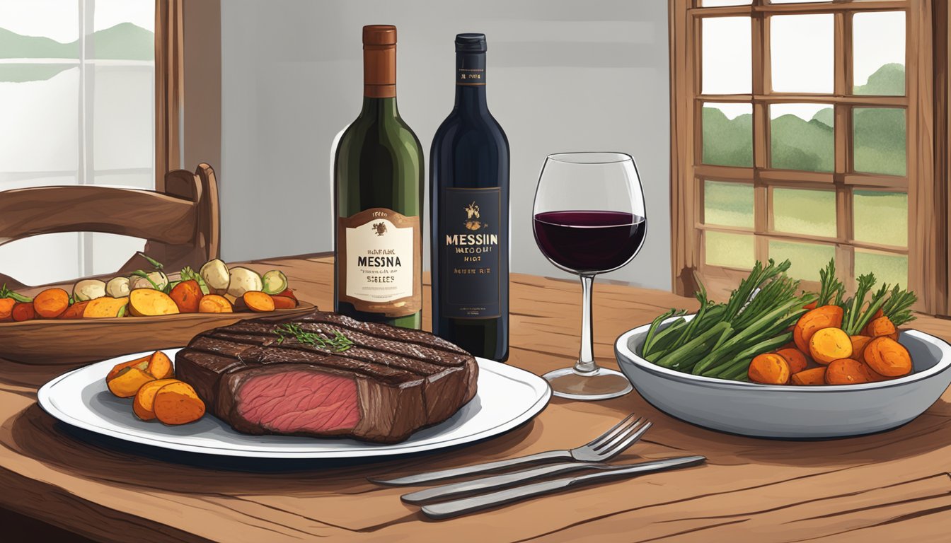 A rustic wooden table set with a bottle of Messina Hof Barrel Reserve Merlot, a juicy grass-fed beef steak, and a side of roasted vegetables