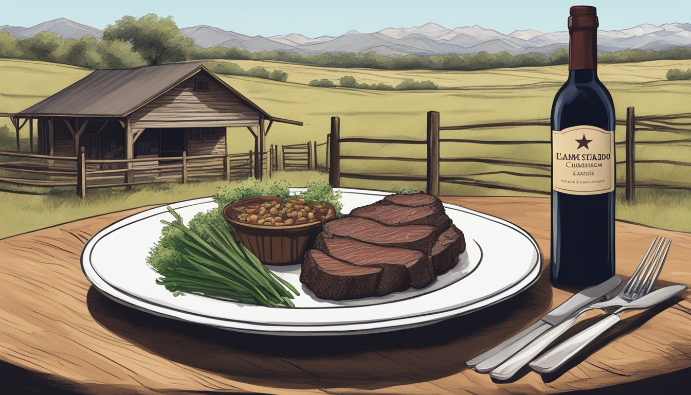 A rustic Texas ranch setting with a bottle of Llano Estacado Cellar Reserve Cabernet Sauvignon and a plate of grass-fed beef dishes