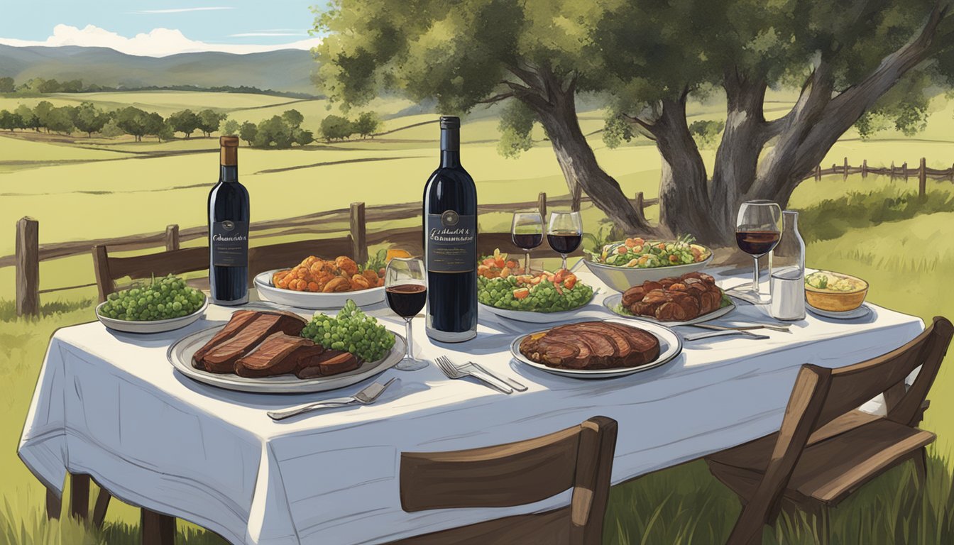 A rustic Texas ranch setting with a table set for a family dinner, featuring a bottle of Duchman Family Winery Aglianico alongside a platter of grass-fed beef dishes