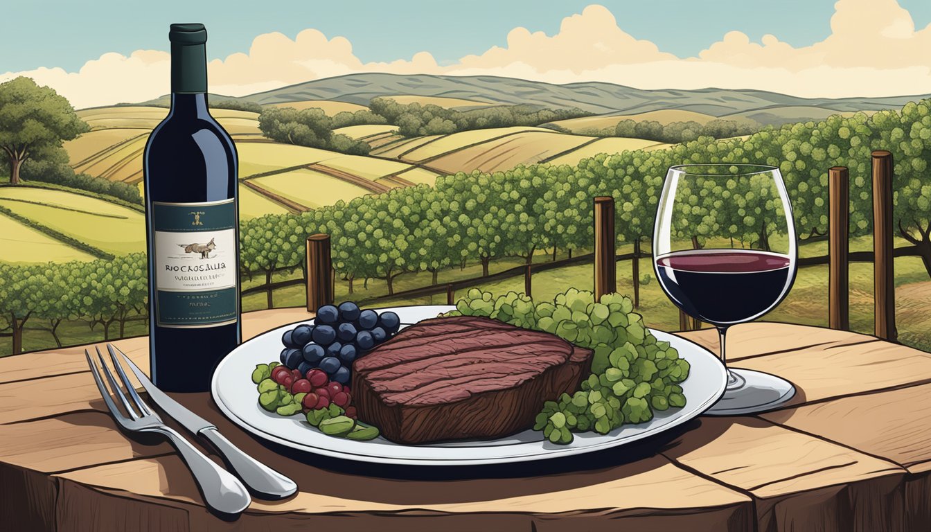 A rustic table set with a juicy grass-fed beef dish, paired with a bottle of Becker Vineyards Iconoclast Cabernet Sauvignon, surrounded by the rolling hills of a Texas vineyard