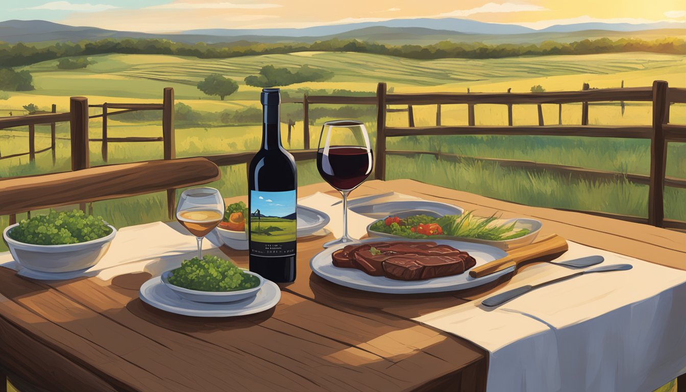 A rustic wooden table set with a bottle of Bending Branch Winery Petite Sirah, a spread of grass fed beef dishes, and the Texas countryside in the background