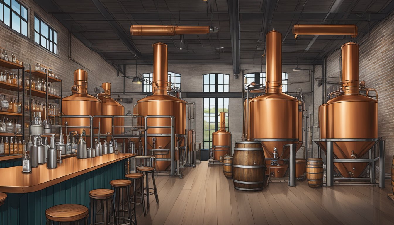 A bustling craft distillery in Deep Ellum, Dallas, with copper stills, barrels, and a tasting bar