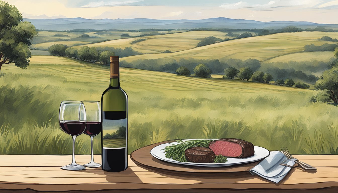 A rustic table setting with a bottle of McPherson Cellars Sangiovese, a plate of grass-fed beef, and a Texas landscape in the background