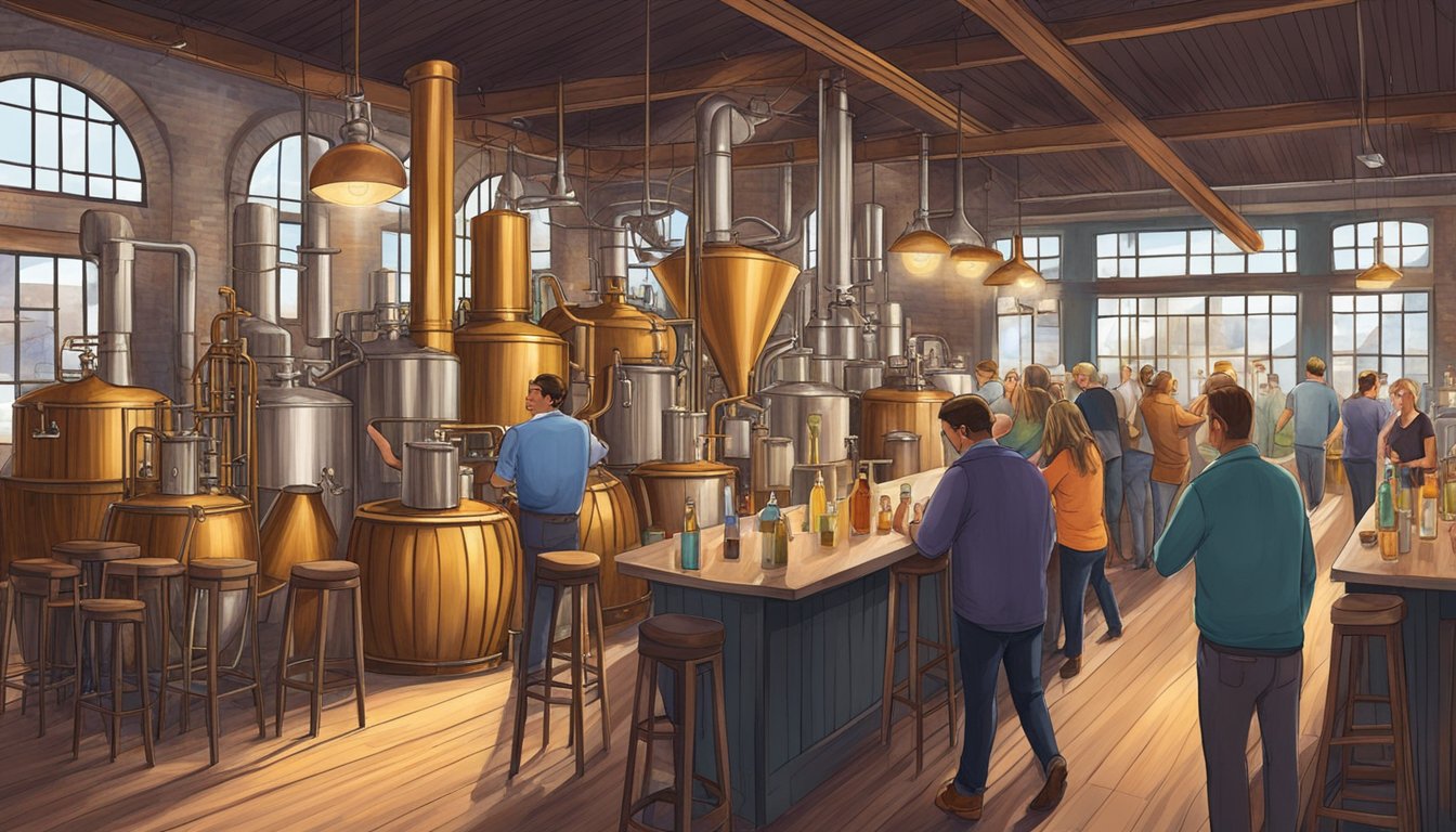 A bustling craft distillery in Bishop Arts District, Dallas, with visitors sampling spirits and enjoying the lively atmosphere