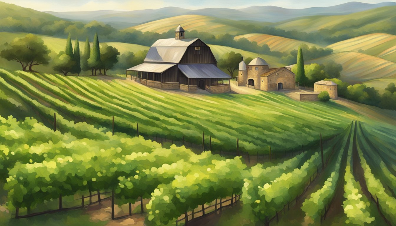 A rustic vineyard with rolling hills, a lush green pasture, and a charming winery nestled among the Texas countryside