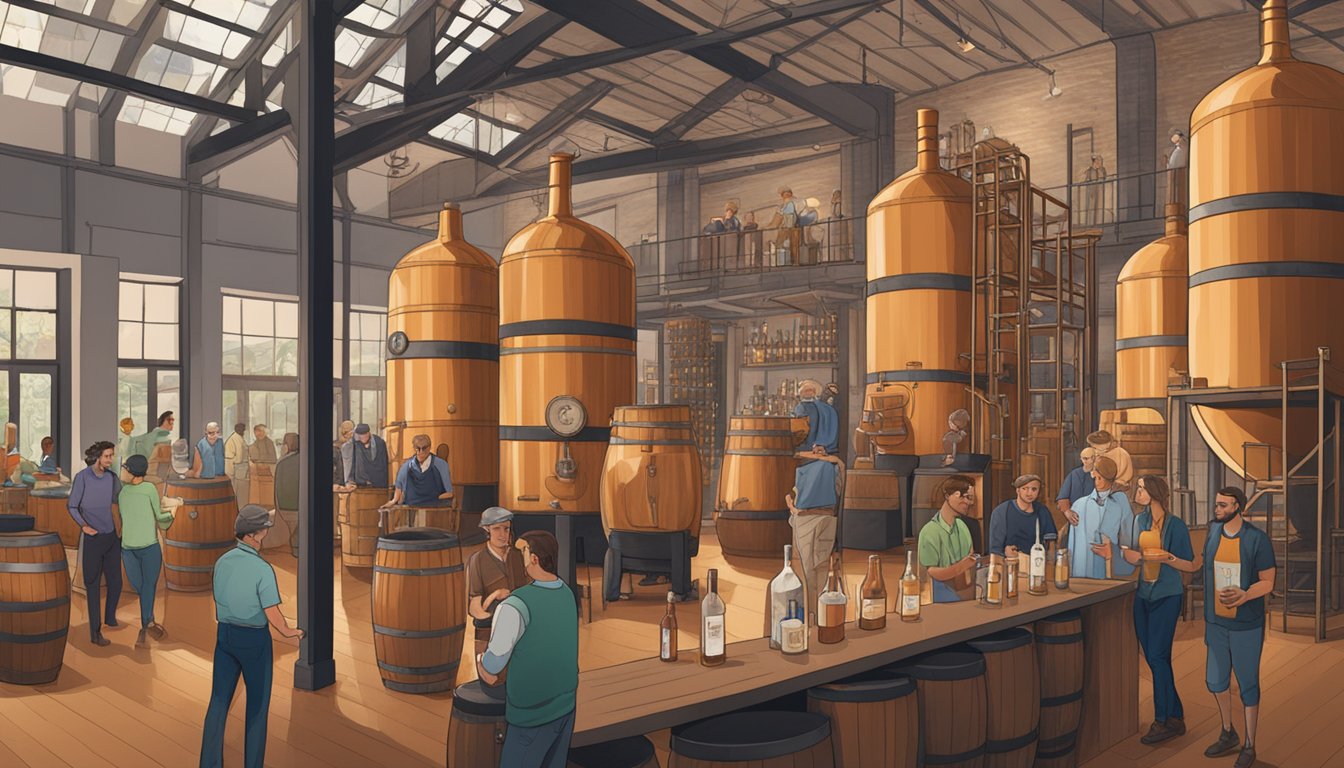 A bustling craft distillery in Dallas, with copper stills, oak barrels, and a tasting bar surrounded by visitors enjoying samples of locally made spirits