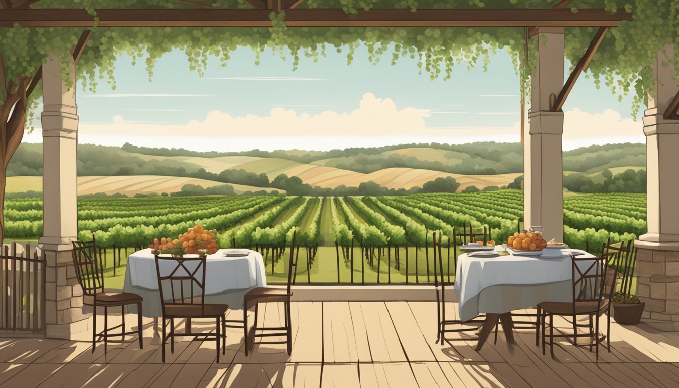 A rustic Texas vineyard with rolling hills, grapevines, and a cozy outdoor patio with a table set for a grass-fed beef dinner