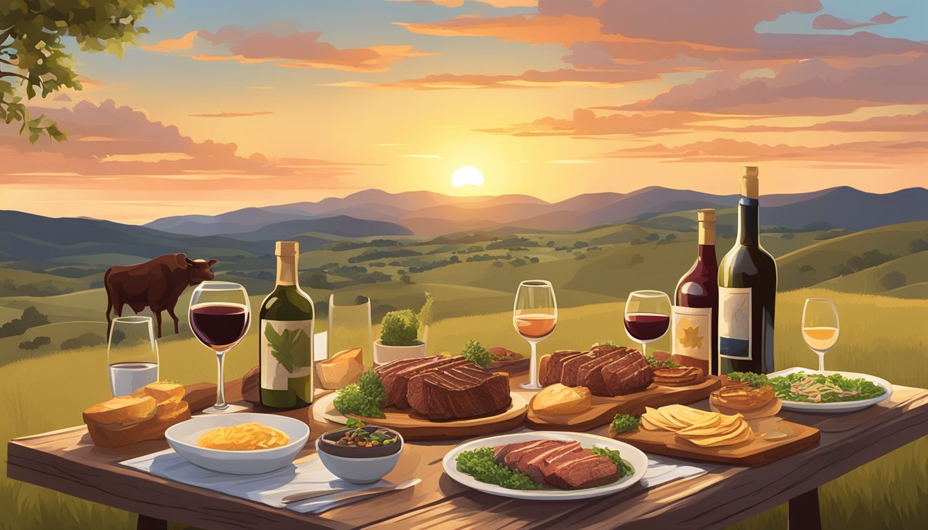 A rustic table set with a spread of grass-fed beef dishes and bottles of Texas wine, surrounded by rolling hills and a golden sunset