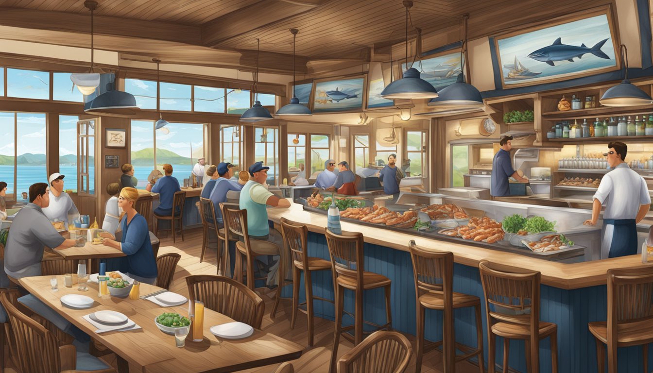 A bustling seafood restaurant with a nautical theme, featuring a raw bar and cozy seating areas