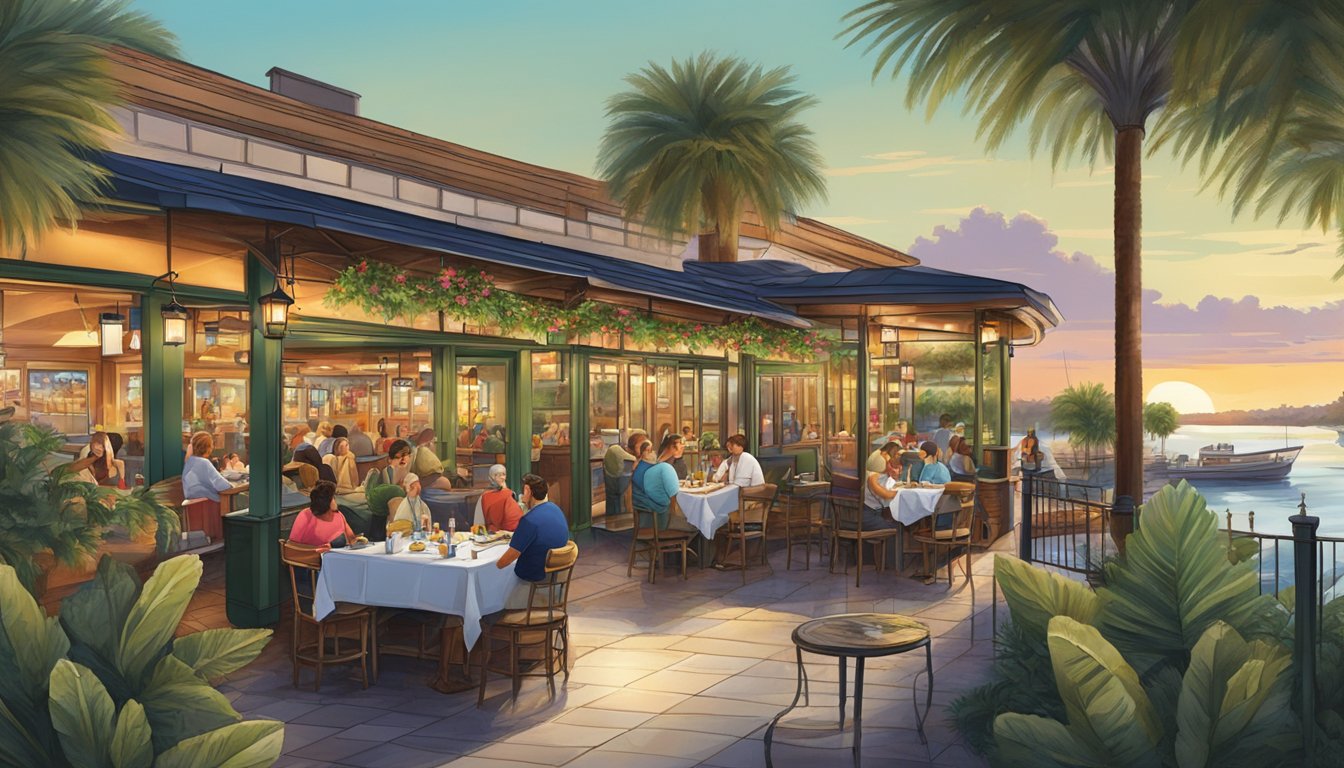 A bustling seafood restaurant with a vibrant outdoor patio, surrounded by palm trees and overlooking the San Antonio River