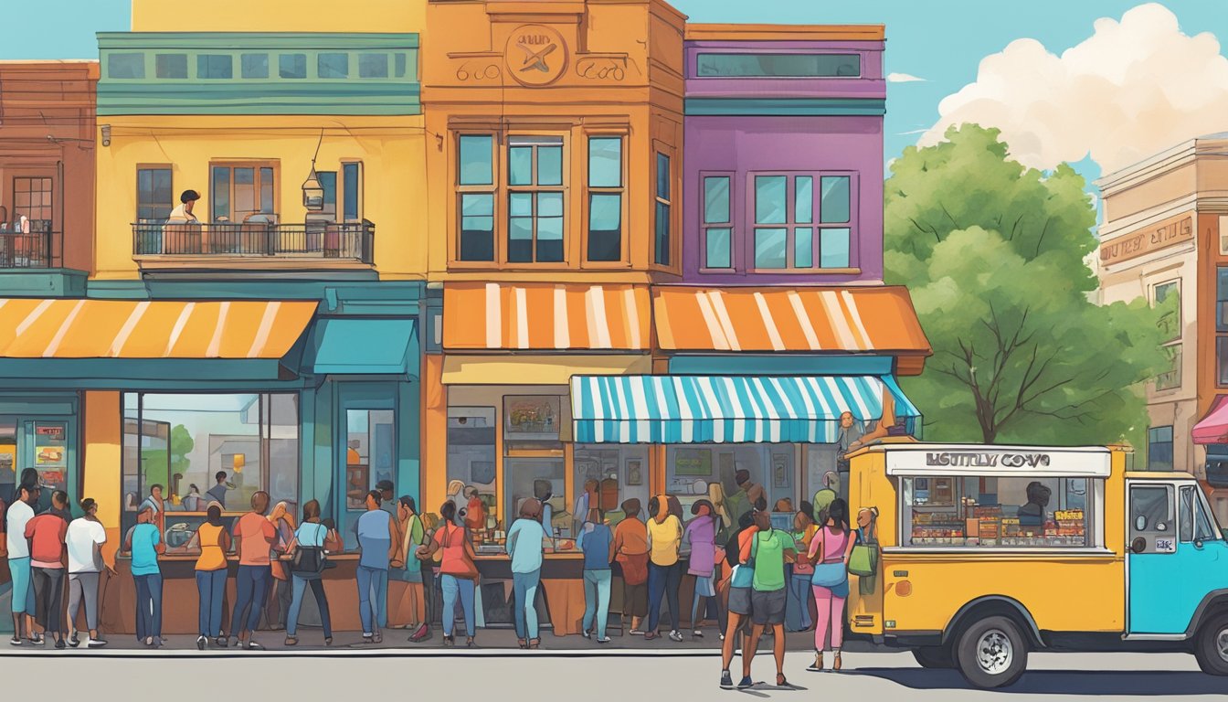 A bustling street scene with colorful food trucks and a line of customers outside Wholly Cow Burgers, surrounded by the vibrant energy of Austin