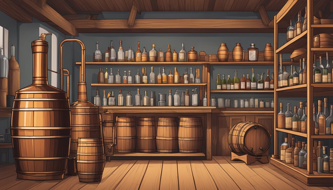 A rustic craft distillery with copper stills, wooden barrels, and shelves of premium spirits on display. A guidebook sits on a table