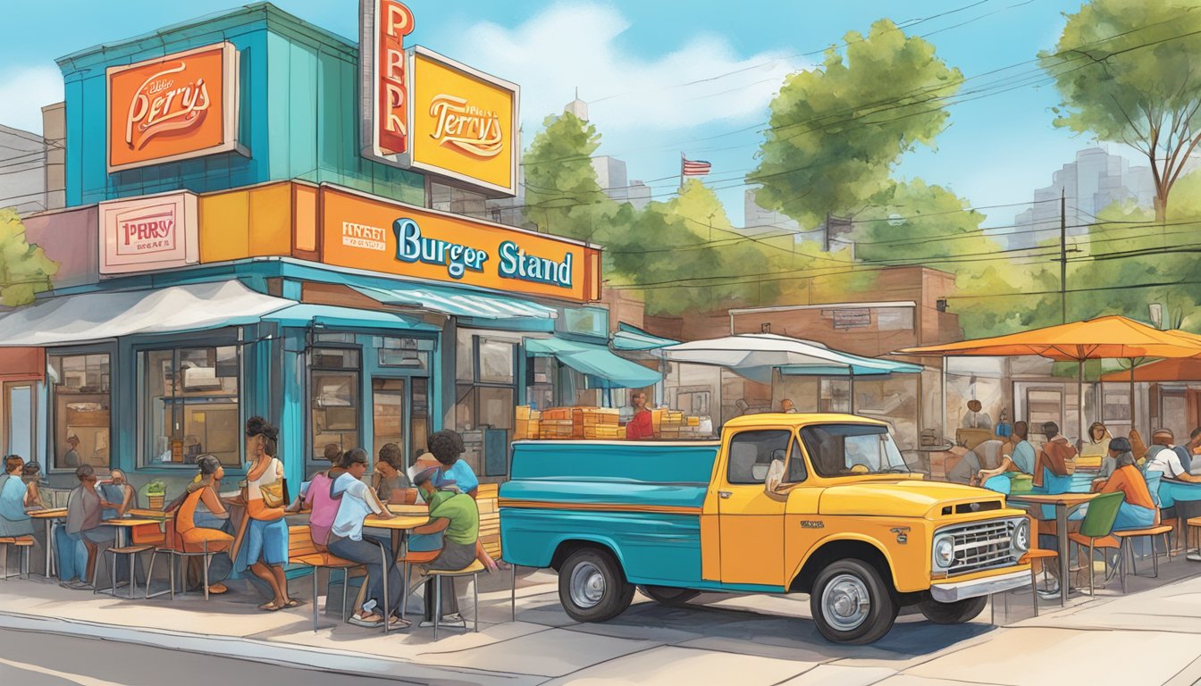 A bustling street corner with colorful food trucks and a vibrant outdoor seating area, with the iconic P. Terry's Burger Stand sign prominently displayed