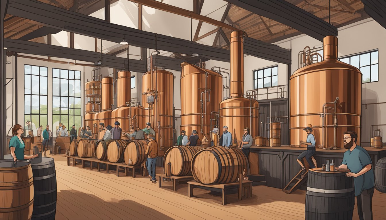 A bustling craft distillery in Dallas with copper stills, oak barrels, and a tasting room filled with patrons sampling small-batch spirits