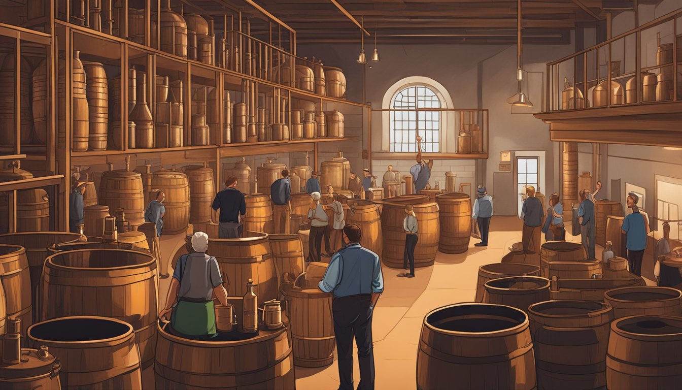 A bustling distillery tour with visitors sampling spirits and learning about the craft of distilling. The room is filled with copper stills, oak barrels, and the sweet aroma of aging whiskey