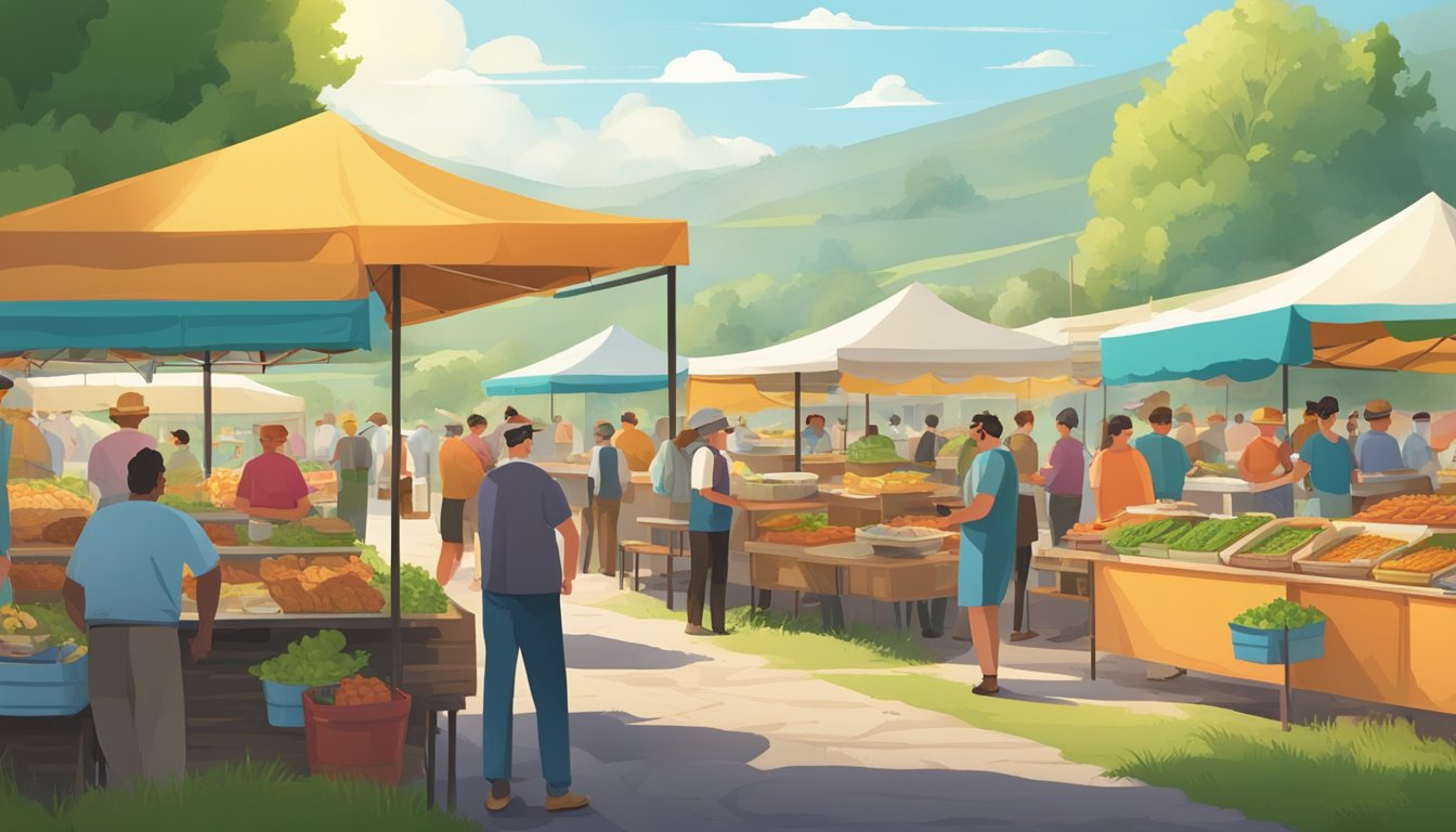 A bustling outdoor market with colorful food stalls, surrounded by green pastures and grazing cows. Customers line up at burger stands, enjoying the sunny weather and fresh, grass-fed burgers