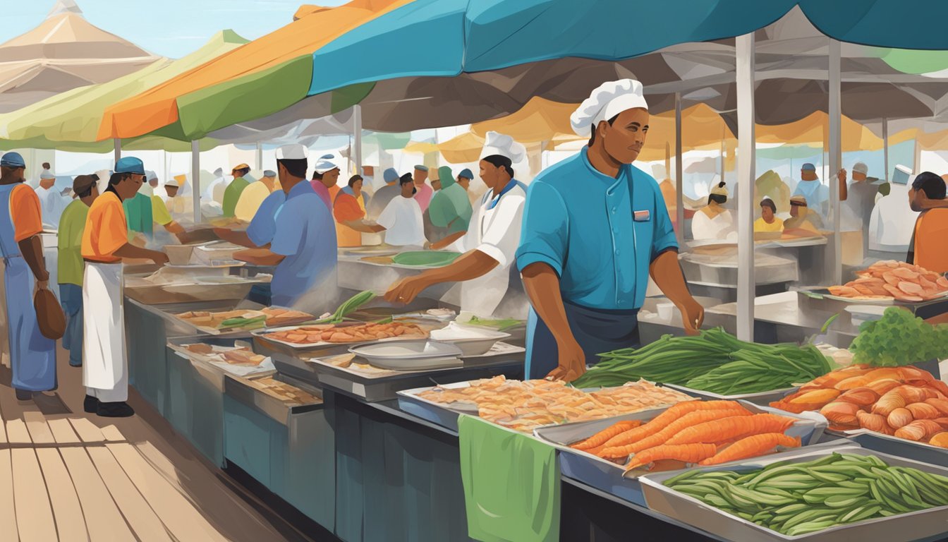 A bustling seafood market in San Antonio, with colorful stalls and vendors selling fresh catches from the Gulf of Mexico. A chef prepares a traditional dish at a nearby restaurant