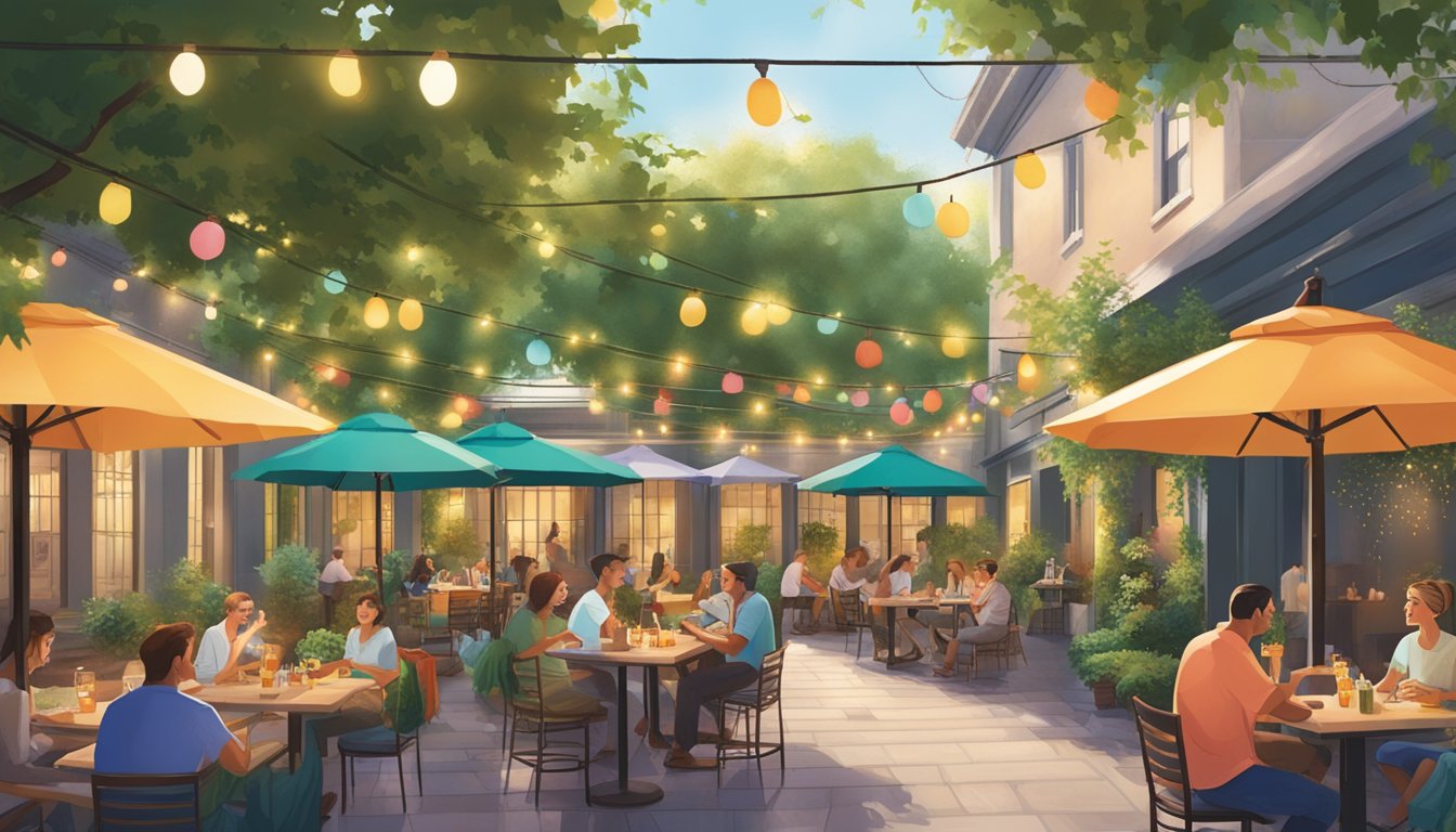 A bustling outdoor patio with colorful umbrellas, surrounded by lush greenery and twinkling string lights, where patrons enjoy savoring their mouthwatering grass-fed burgers