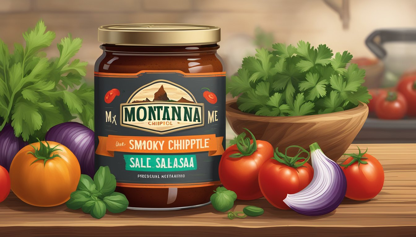 A jar of smoky chipotle salsa sits on a rustic wooden table surrounded by fresh ingredients like tomatoes, onions, and cilantro. A colorful label with the Montana Mex logo adorns the jar