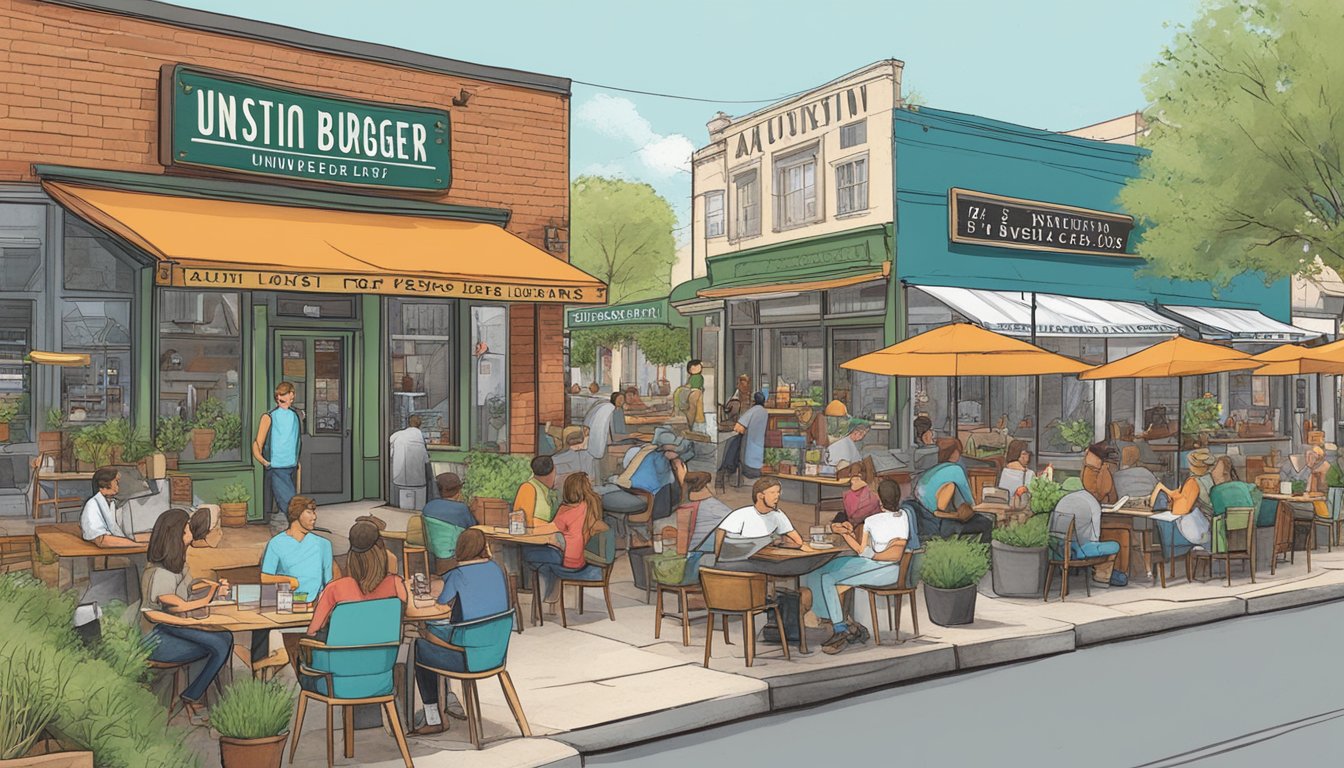 A bustling street lined with diverse restaurants, each with a unique sign and outdoor seating, showcasing the best local grass-fed burgers in Austin