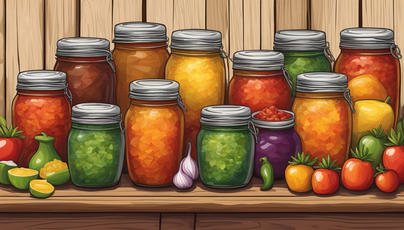 A colorful array of handmade salsa jars arranged on a rustic wooden table, with the Xochitl Chipotle Salsa prominently displayed in the center