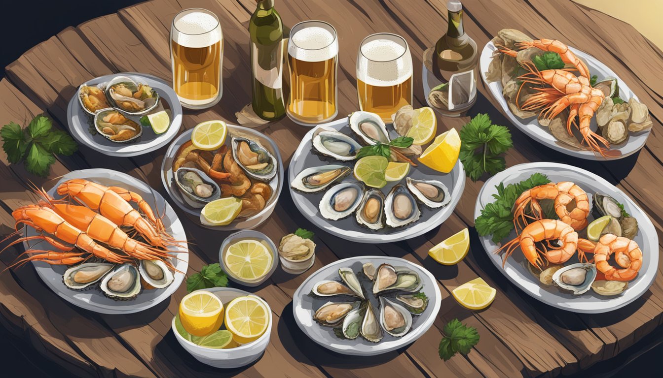 A seafood platter with a variety of fish, shrimp, and oysters, paired with glasses of white wine and beer, set on a rustic wooden table