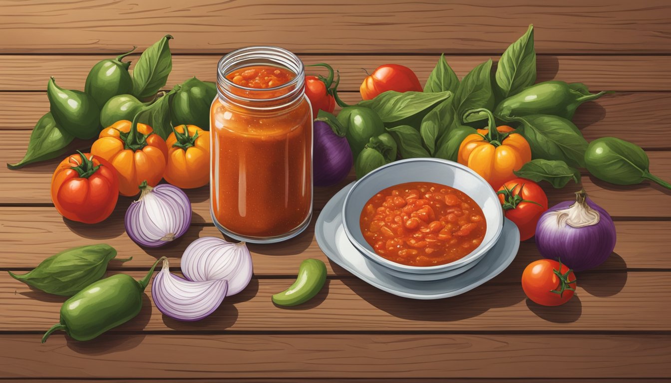 A jar of Frontera Roasted Habanero Salsa surrounded by fresh habanero peppers, tomatoes, and onions on a rustic wooden table