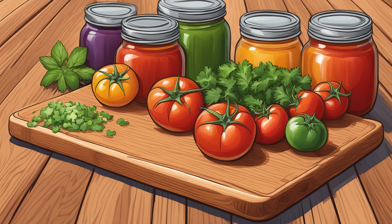 A colorful array of fresh tomatoes, onions, peppers, and cilantro arranged on a wooden cutting board, surrounded by jars of Red Duck Tex-Mex Salsa