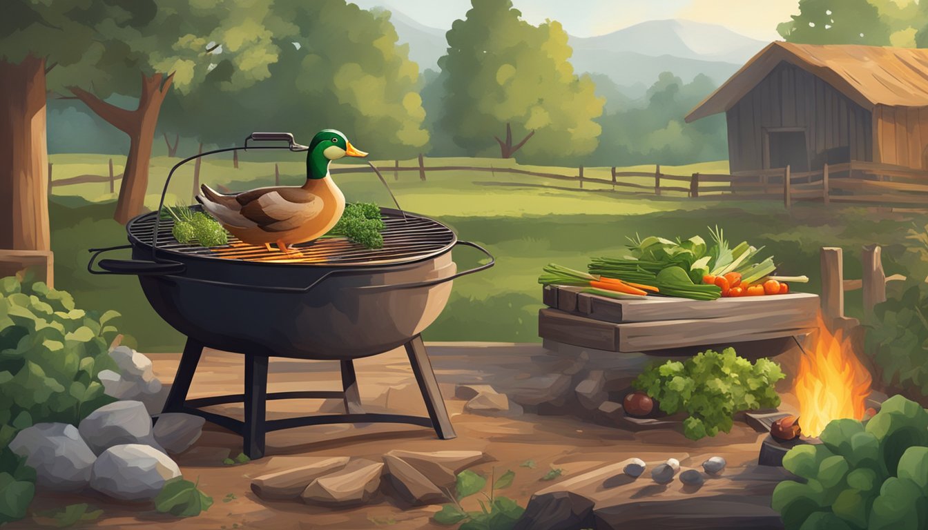 A duck roasting over an open flame in a rustic farm setting, surrounded by fresh herbs and vegetables