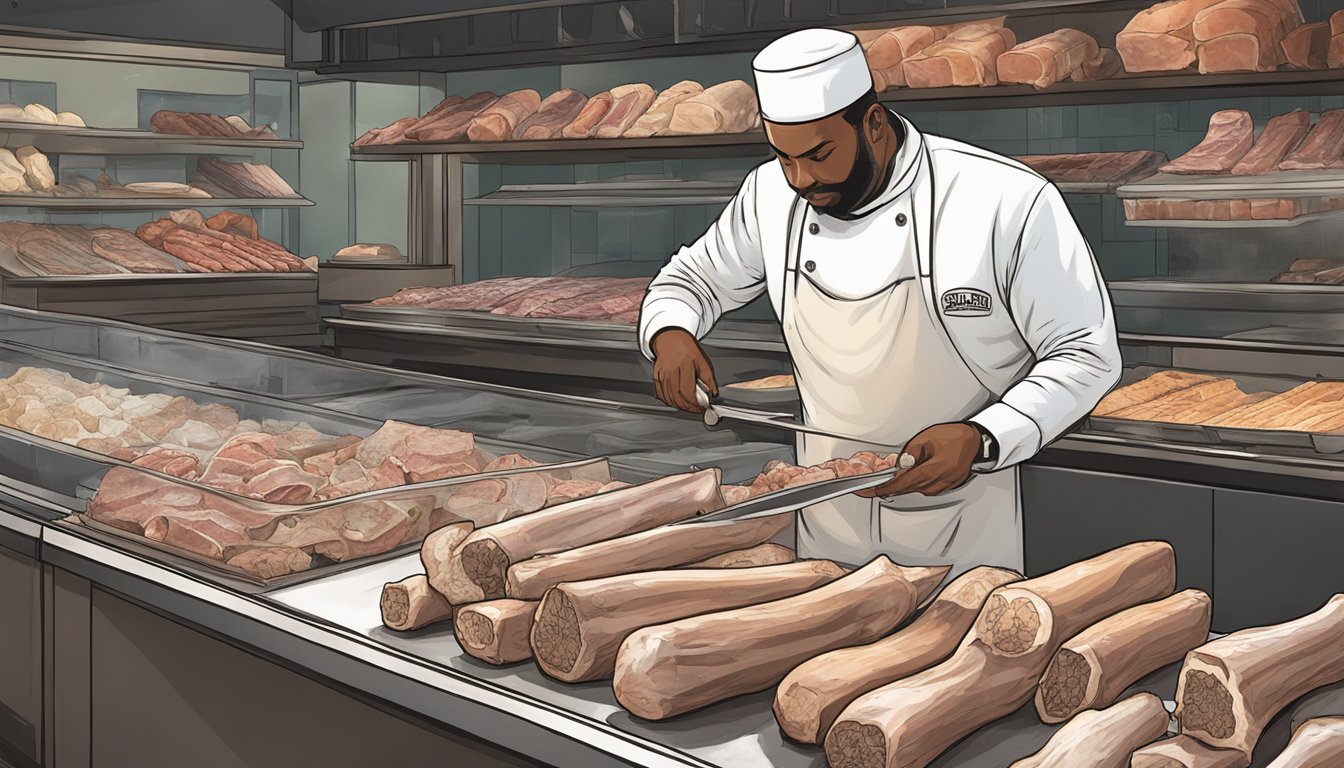 A butcher carefully selects all-natural bone marrow from the best places in Texas at B&B Butchers & Restaurant in Houston