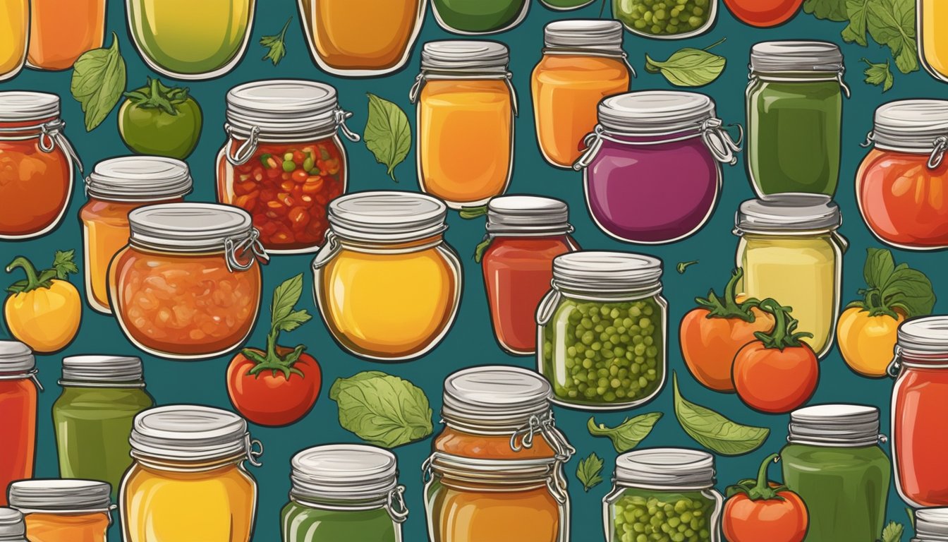 A colorful array of handmade salsas displayed in jars, surrounded by fresh ingredients like tomatoes, onions, and peppers