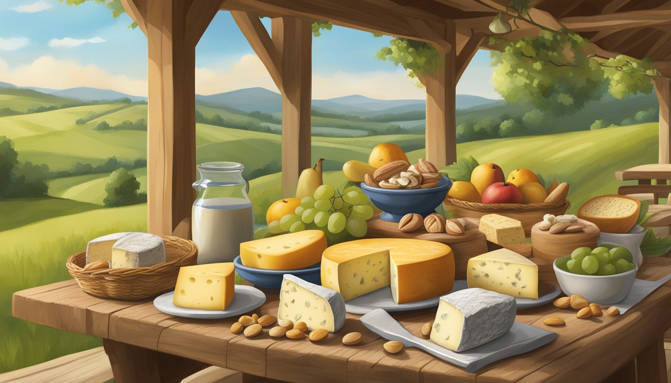 A rustic wooden table displays a variety of artisanal cheeses, freshly baked bread, and locally sourced fruits and nuts, set against a backdrop of rolling green hills and a charming farmhouse