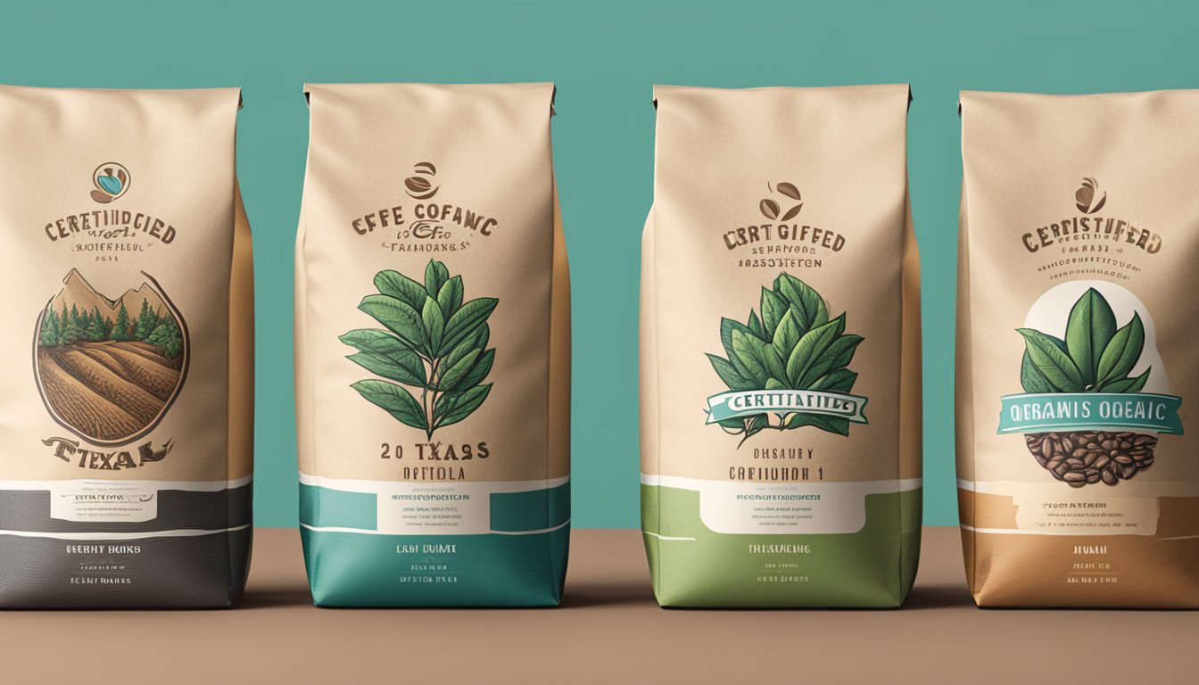 Five Texas coffee roasters in a row, each with a "certified organic" label displayed prominently