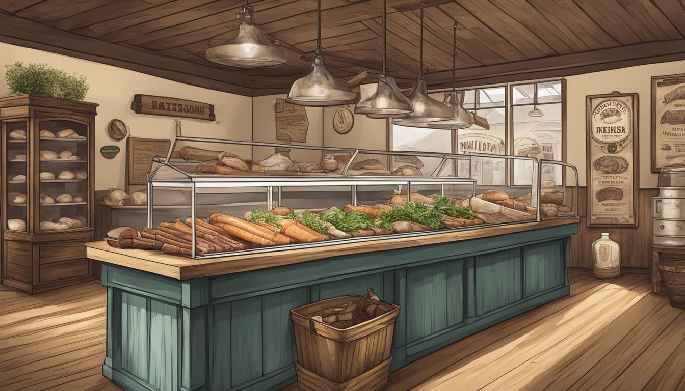 A rustic butcher shop with a display of fresh bone marrow and a Texas map showcasing the best natural sources