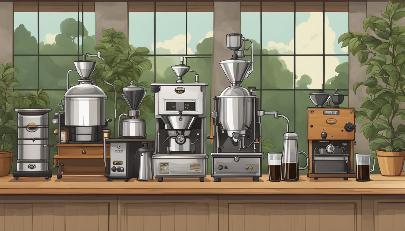 Five Texas coffee roasters with organic certification, surrounded by coffee beans and brewing equipment