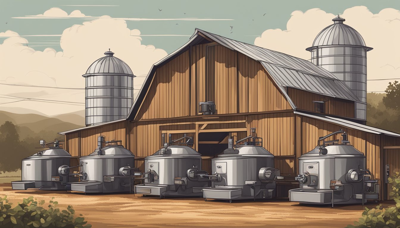 A rustic Texas barn with five industrial coffee roasting machines, surrounded by fields of organic coffee beans