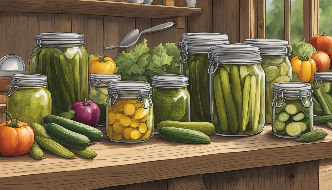 A rustic wooden table displays jars of house-made pickles amidst fresh produce and cooking utensils at the woodlands farm-to-table scene