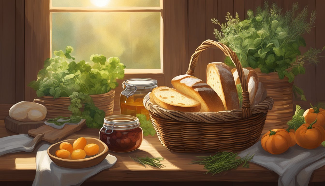 A rustic bread basket sits on a wooden table, surrounded by fresh herbs, vegetables, and a jar of homemade preserves. The warm glow of sunlight filters through the window onto the scene