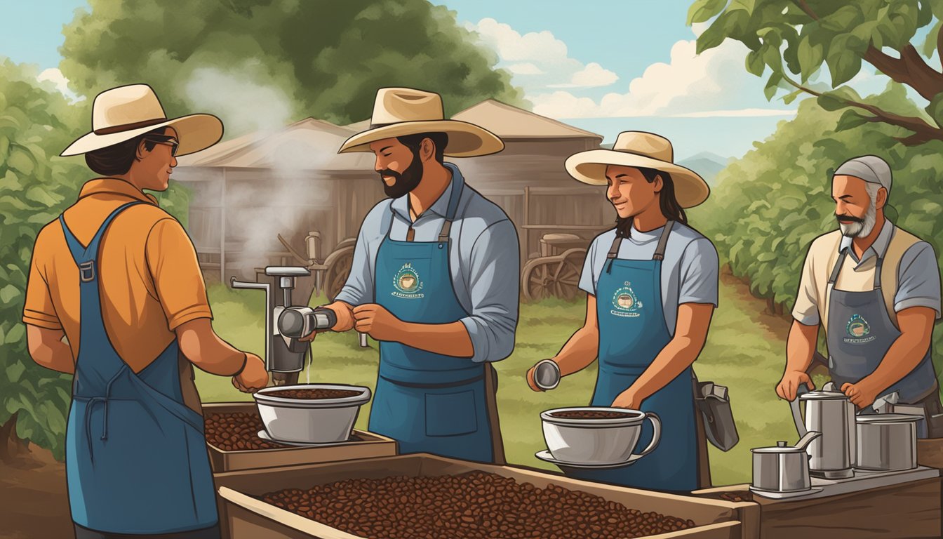 Five bustling coffee roasters in Texas, each proudly displaying their certified organic status. The aroma of freshly roasted beans fills the air as local communities gather to support sustainable farming practices