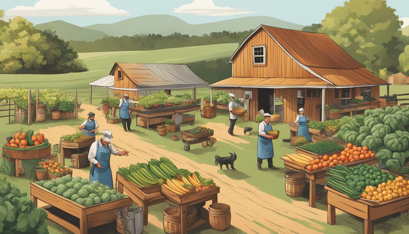 A bustling farm with fresh produce being harvested, a chef selecting ingredients, and a rustic table set for a farm-to-table meal