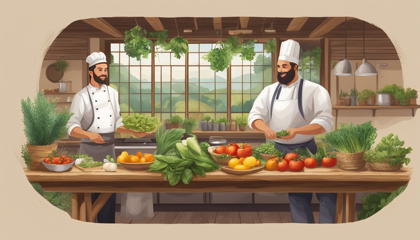 Fresh produce and herbs on wooden tables, chefs preparing meals, diners enjoying farm-to-table dishes in a rustic setting