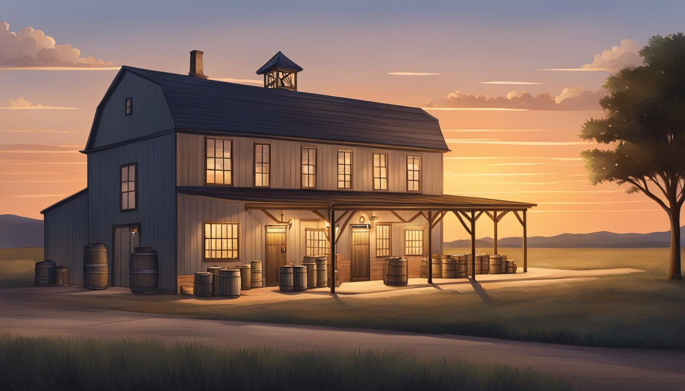 A serene Texas distillery at dusk, with warm lighting and a peaceful atmosphere