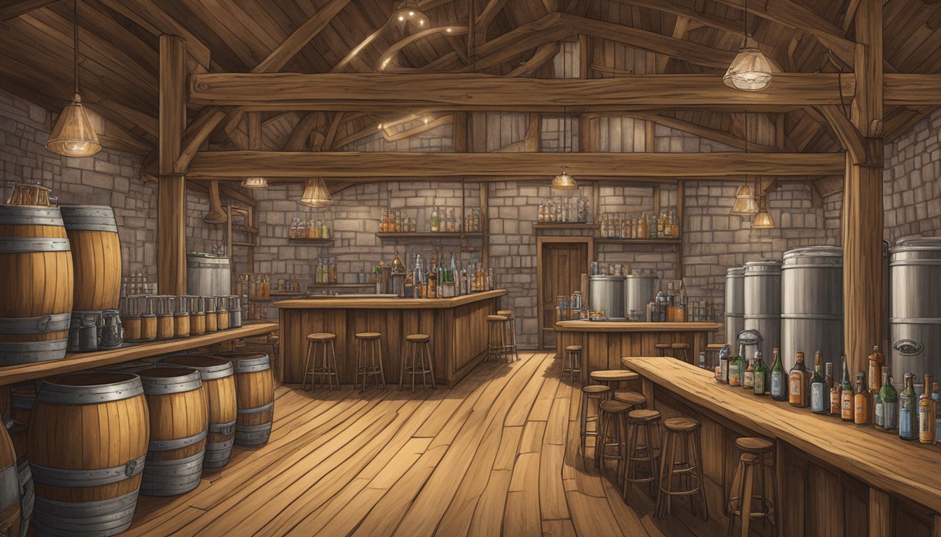 A rustic Texas brewery with a large wooden bar, surrounded by barrels and brewing equipment. A sign proudly displays "Bombshell Blonde" by Southern Star Brewing