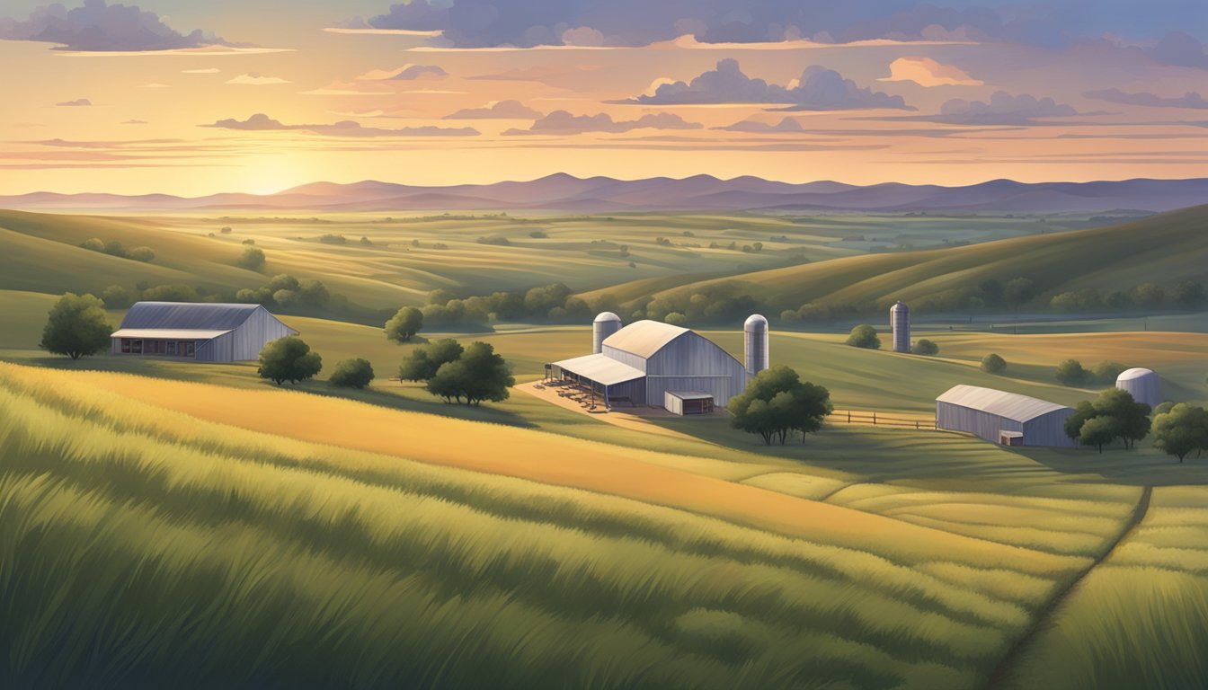 A serene Texas landscape with 10 distilleries nestled among rolling hills and fields, with a peaceful evening sky overhead