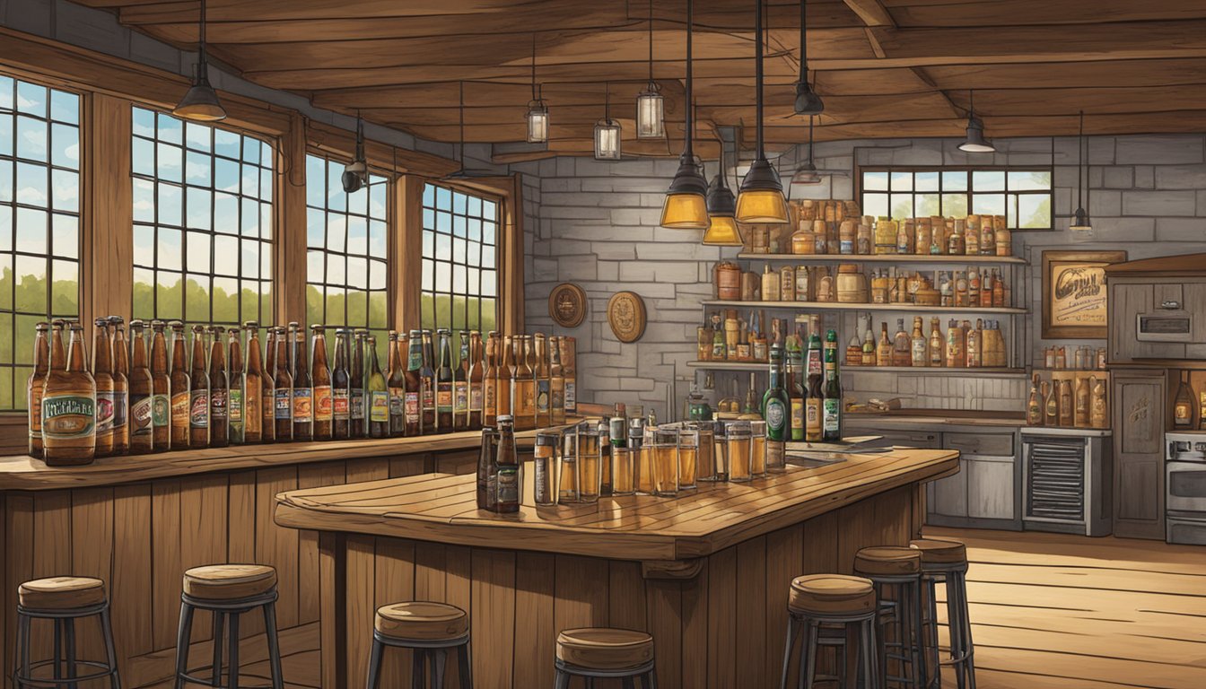 A rustic Texas brewery scene with 5 distinct beers on display, including Love Street Blonde by Karbach Brewing Co